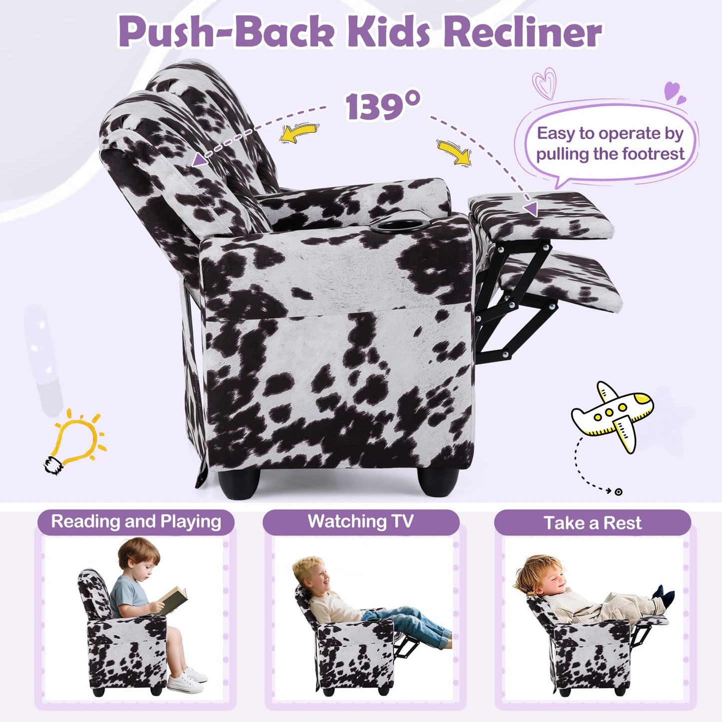 Costzon Kids Recliner Chair with Cup Holder, Toddler Adjustable Lounge Chair w/Footrest for Boys Girls Room, Ergonomic Baby Child Furniture Sofa for Age 3+ Gifts, Kids Mini Recliner up to 150 lbs