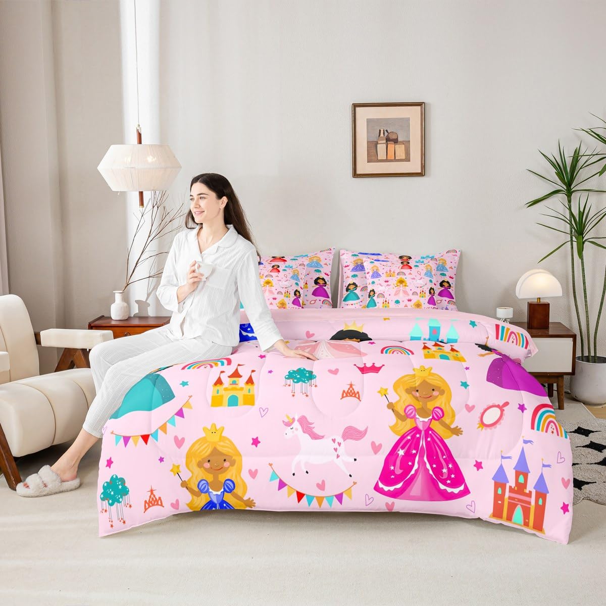 jejeloiu Cute Princess 7 Piece Bedding Set Queen Size Girly Loves Bed in a Bag for Boys Girls Bedroom Decor Pink Clound Rainbow Comforter Set with Sheets,Pillowcases & Cushion Cover Castle Soft