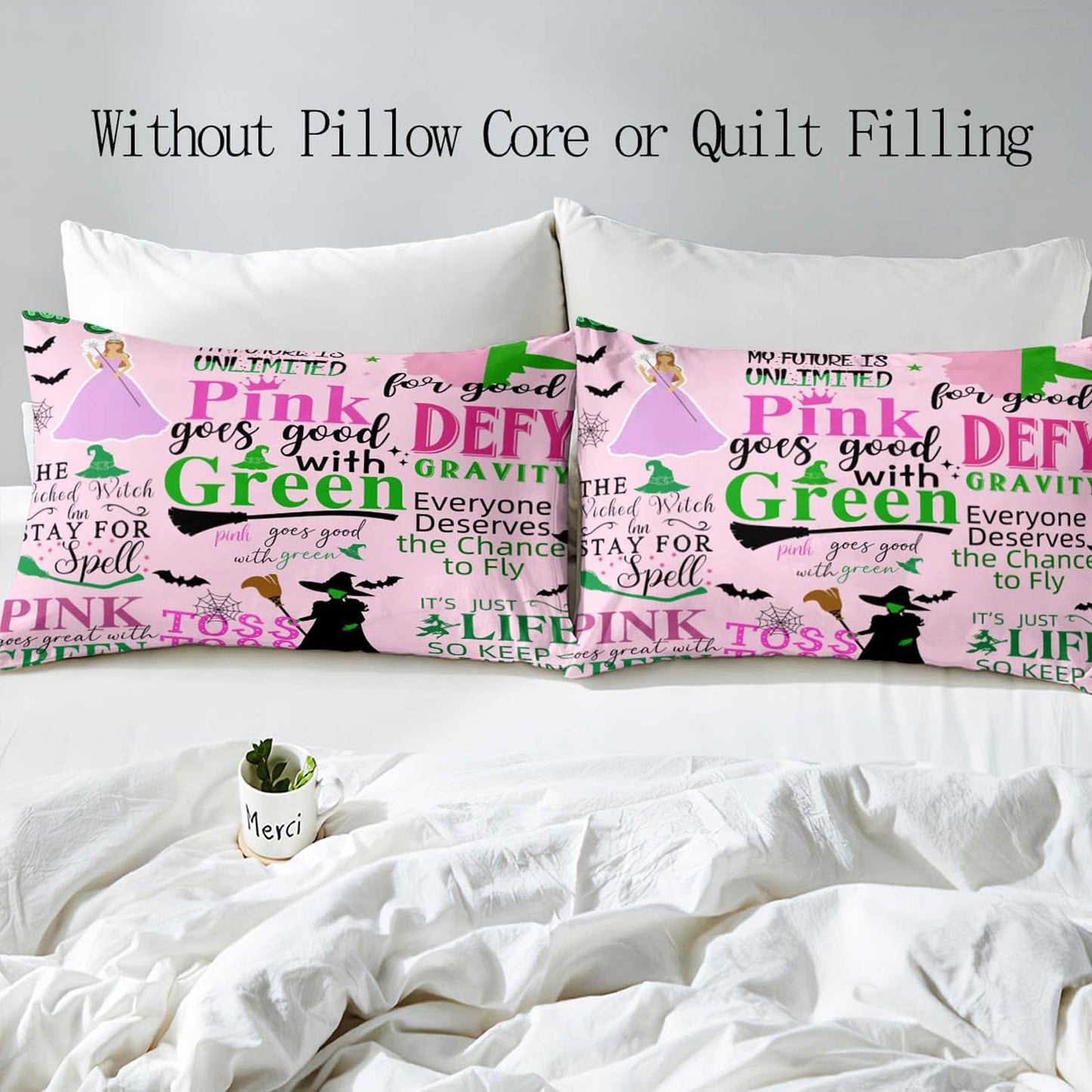 LUVIVIHOME 3PCS Wicked Witch Duvet Cover Queen Bedding Sets, Kids Teens Girls Bedding, Halloween Magic Witch Hat Broom Bat Green and Light Pink Comforter Cover, Witchy Gifts for Women, 2 Pillow Cases