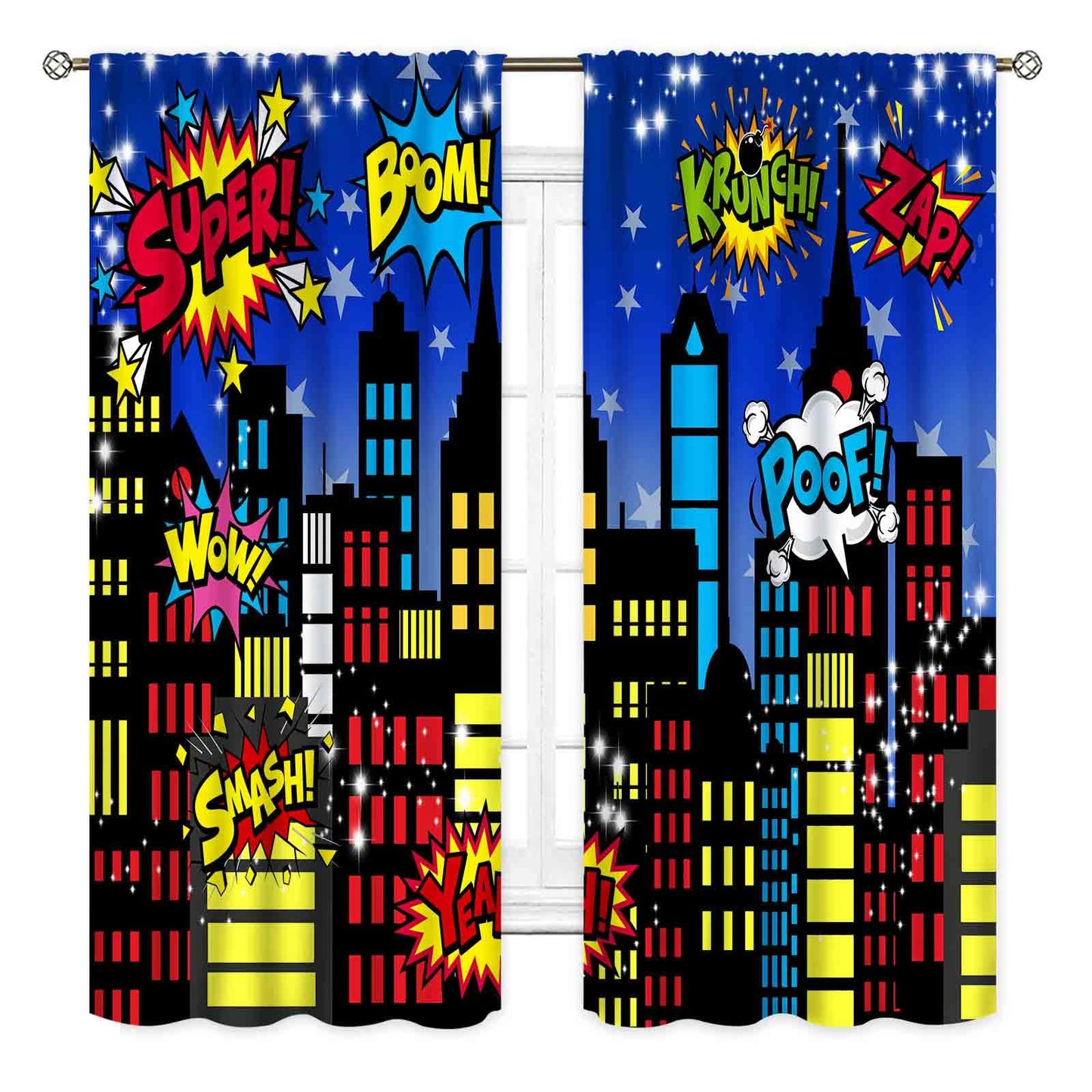 TKUYO Superhero City Curtains, Comic Night Starry Skyline Cityscape Buildings Comic Blackout Window Curtains for Boys Kids Baby Room Bedroom Living Nursery 2 Panel Sets, 42"x45" Inch