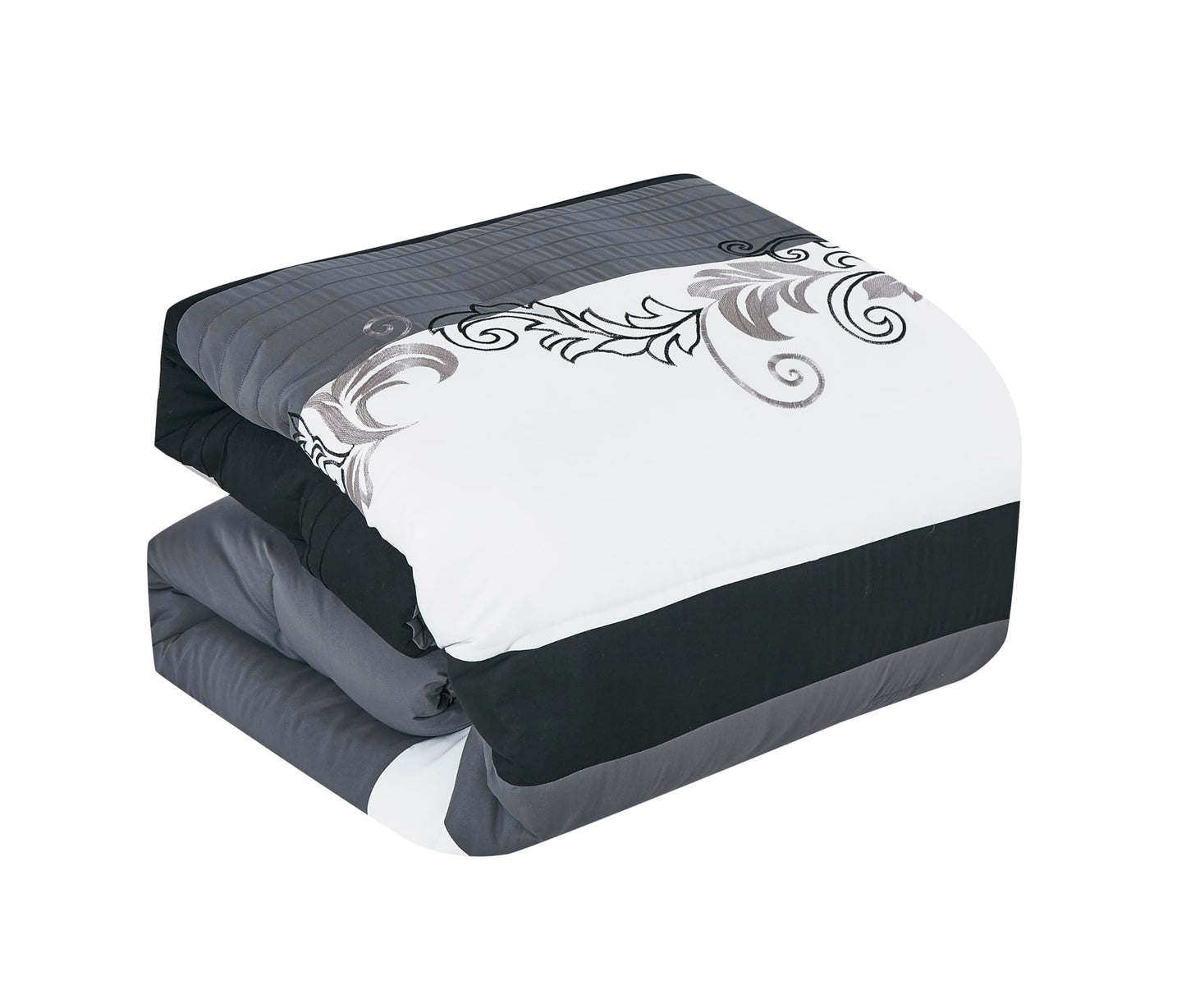 Chezmoi Collection Napa 7-Piece Luxury Leaves Scroll Embroidery Bedding Comforter Set (King, Black/Gray/White)