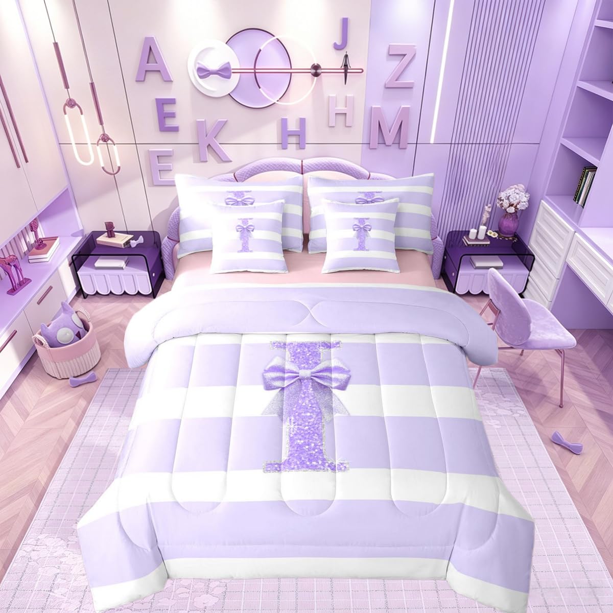 Erosebridal Monogram Letter I Kids Bed in A Bag Purple Bow Initial Letter Comforter Set Full Size Modern Aesthetic Stripes 7 Piece Bedding Set for Girls Teens Women Kawaii Glitter Bowknot Bed Sets