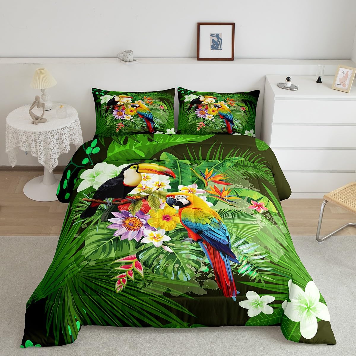 Toucan Comforter Twin Size Parrot Bedding Sets Safari Animals Comforter Set for Kids Girls Women Tropical Palm Leaf Floral Birds Fresh Nature Down Comforter with 1 Comforter and 1 Pillow Case Green