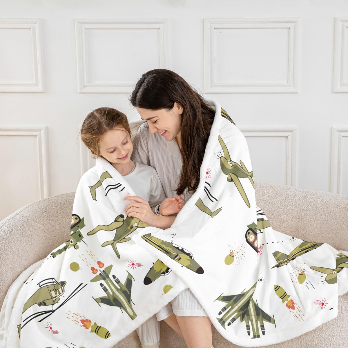 Feelyou Kids Blanket Cartoon Aircraft Print Fleece Blankets Boys Teens Military Airplane Pattern Fighter Tank Sherpa Throw Blanket for Couch Bed Sofa 50" x 60"