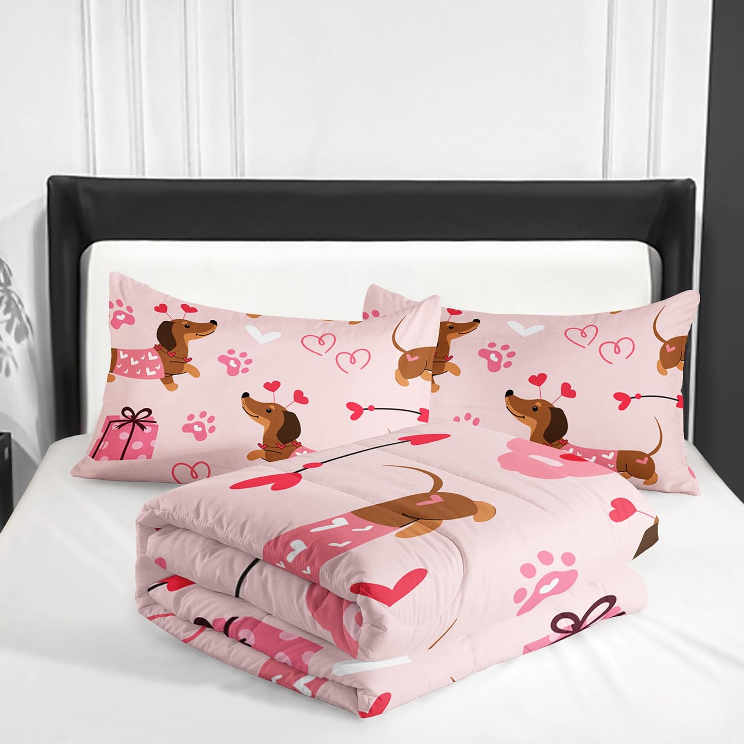 Nttopship Kids Cute Cartoon Dog Comforter Set 3 Piece Dog Bedding Set Twin Size for Kids Cute Pink Dogs Bedding Bed in A Bag Lovely Dog Alternative Room Decor 1 Comforter and 2 Pillowcases