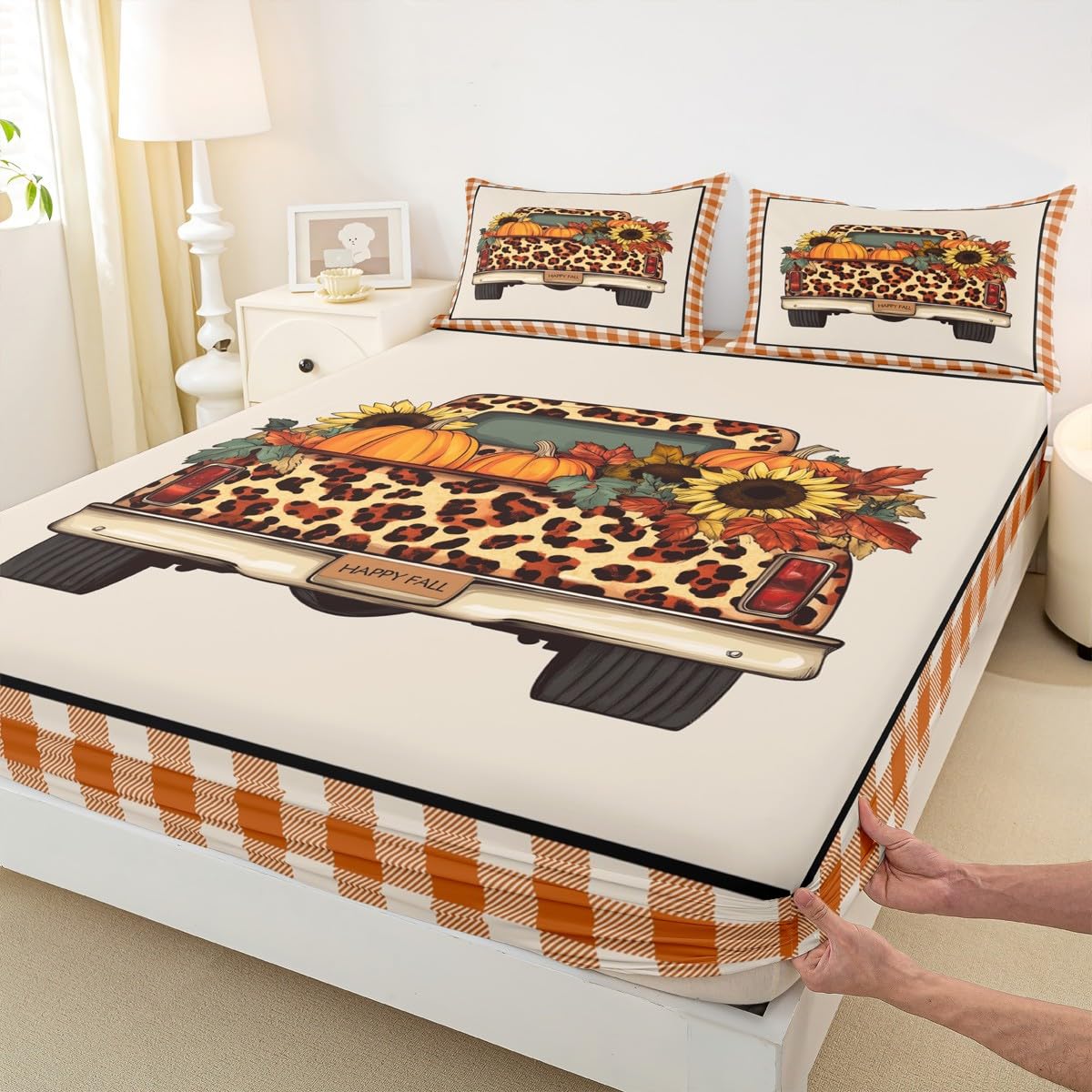 Fall Pumpkin Truck Bed Sheets Queen Orange Rustic Farmhouse Buffalo Plaid Sheet Set Thanksgiving Harvest Bedding Set,Autumn Sunflower Maple Leaves Decor Fitted Sheet + Flat Sheet + 2 Pillow Cases