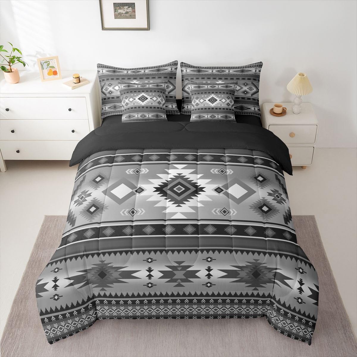 Erosebridal Cowboy Black Grey Aztec Geometric Full Comforter Set 7 Pieces | Cowgirl Farmhouse Bed in A Bag for Bedroom Tribal Southwestern Adults Bedding Set with Comforters Bohemian Room Decor