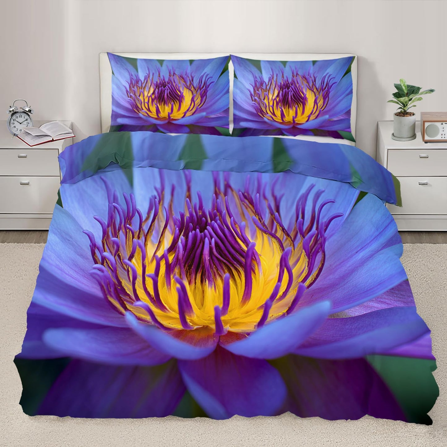 Floral Duvet Cover Full Size, Purple Flower Comforter Cover 80" x 90" & 2 Pillowcases, Elegant Country Flowers Bedding Set with Zipper Ties