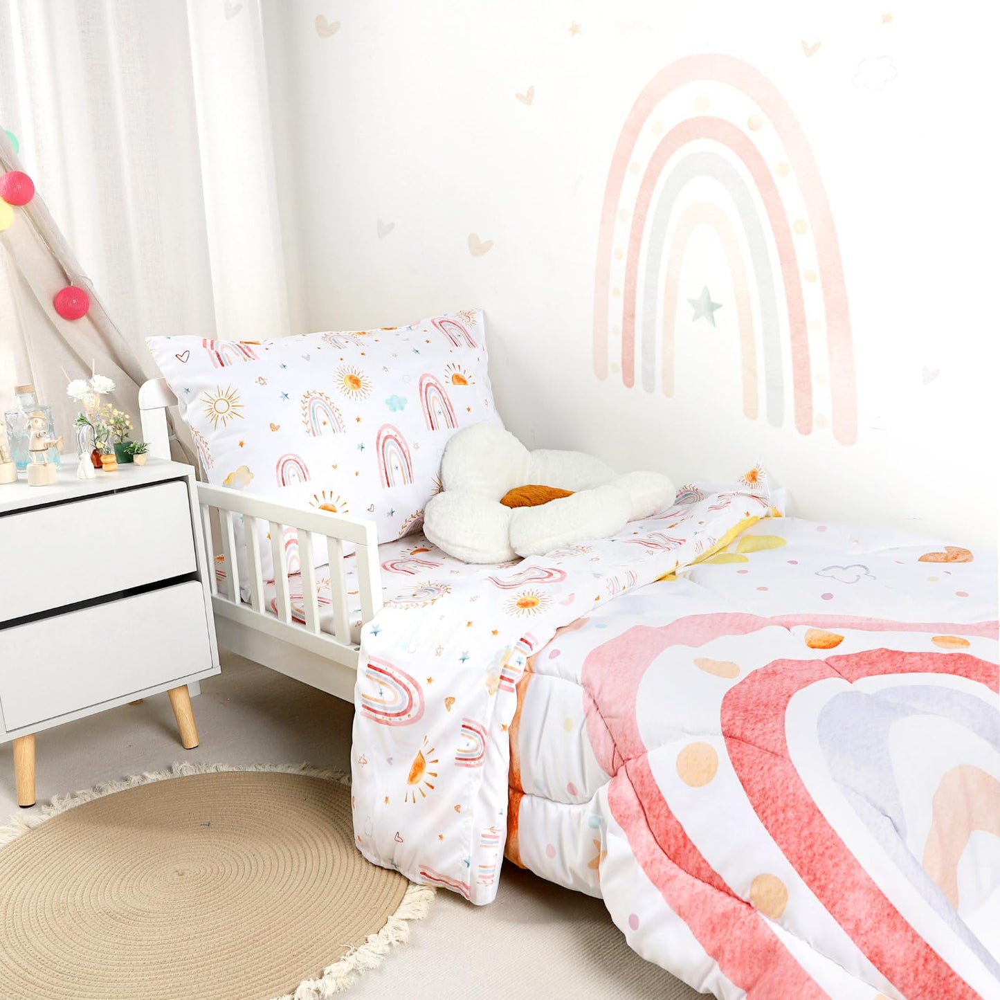 CARUILI Toddler Bedding Set for Girls 4 Piece Pink Rainbow Toddler Girl Bedding Set Super Soft & Lightweight Toddler Comforter Set Includes Comforter, Flat Sheet, Fitted Sheet, Pillowcase