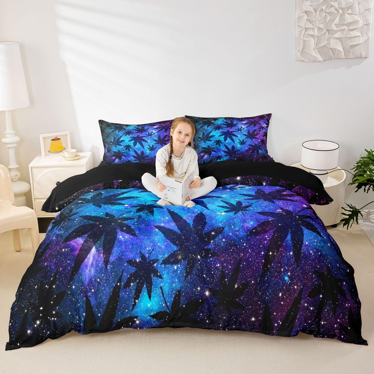 Erosebridal Leaves Duvet Cover Teens Galaxy Bedding Set Full Size for Women Men Youth Chic Purple Blue Quilt Cover Room Decor