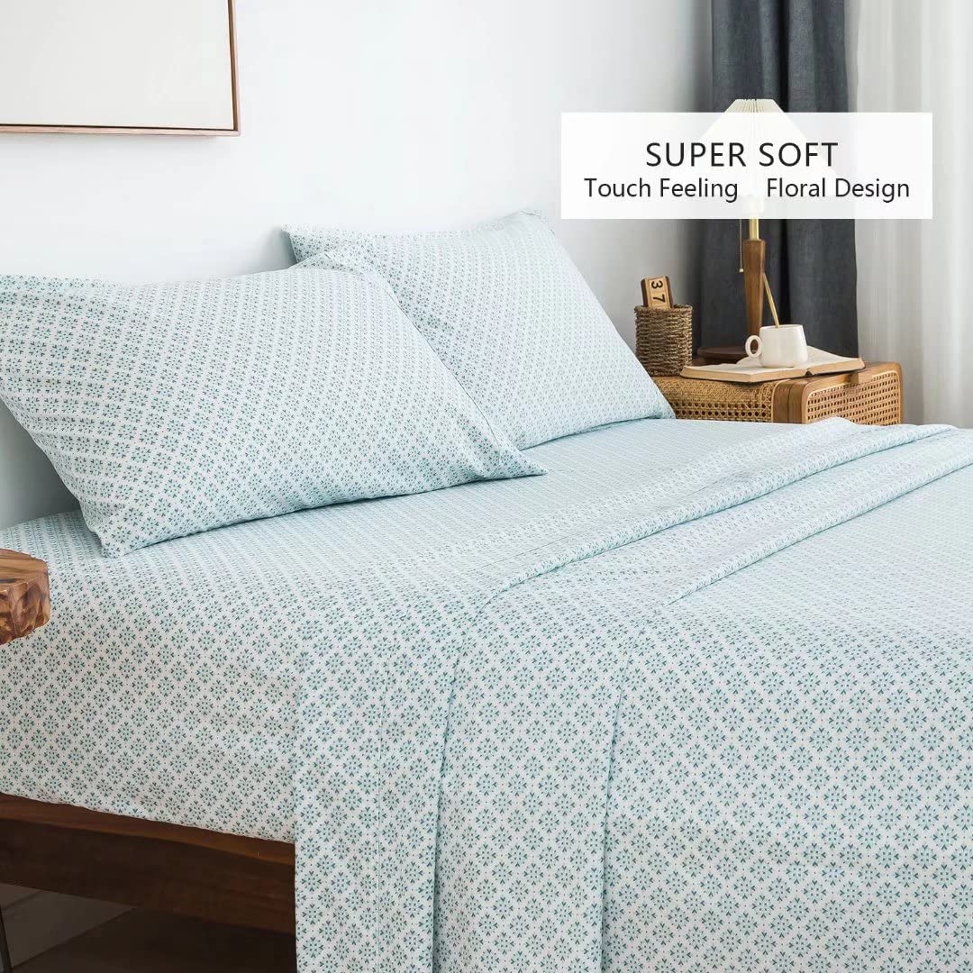 California King Sheet Set 4PC Printed Greenish Blue Floral Pattern Double Bed Luxury Cooling Soft 100% Microfiber Brushed Sheets 17” Deep Pocket, Easy Care, Breathable, Wrinkle Free, Machine Washable