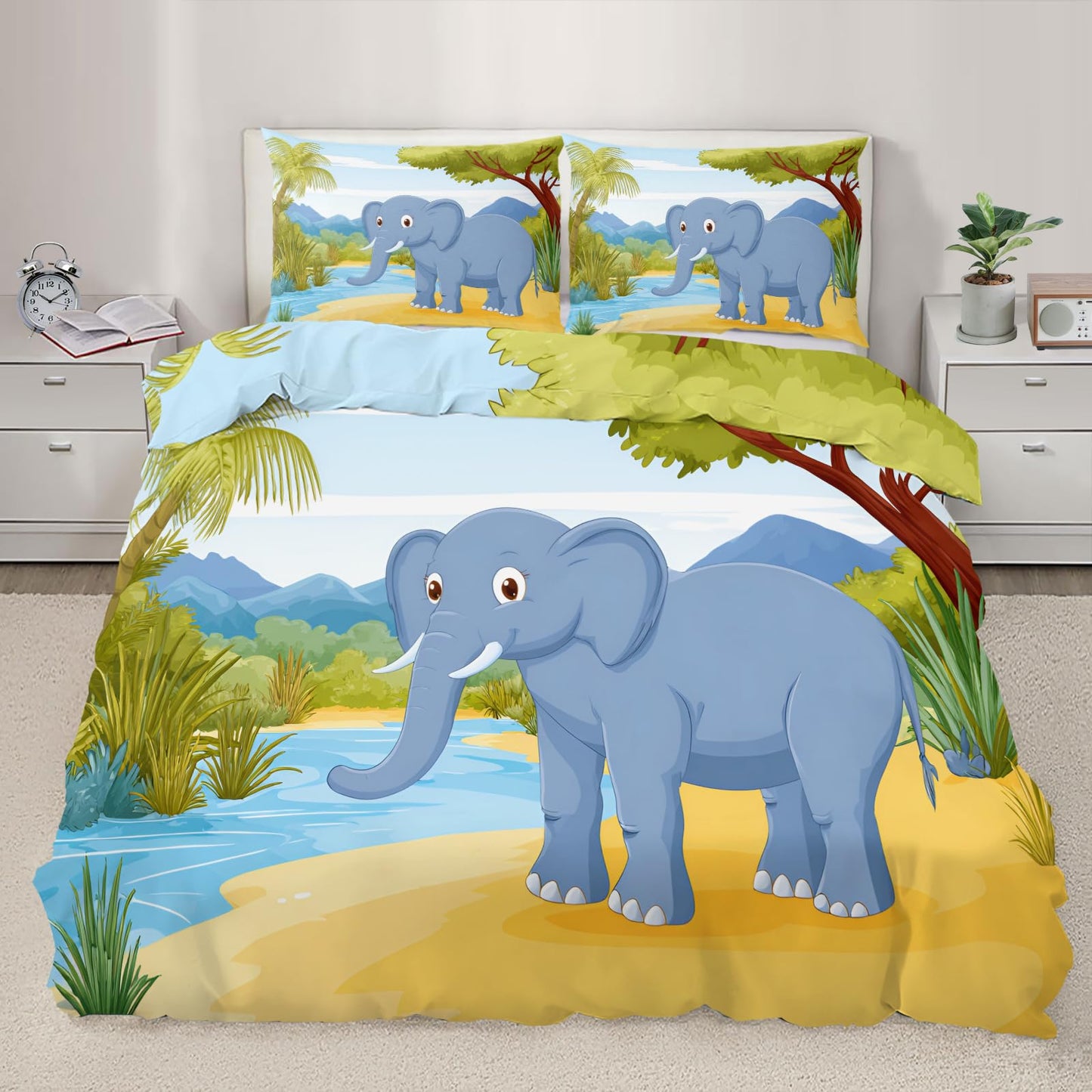 Cartoon Elephant Duvet Cover Set 3 Pieces Soft Microfiber Reversible Bedding for Boys Girls, Tropical Landscape Palm Tree Bedding Set Twin Size Kids Cute Animal Comforter Cover with 2 Pillowcases