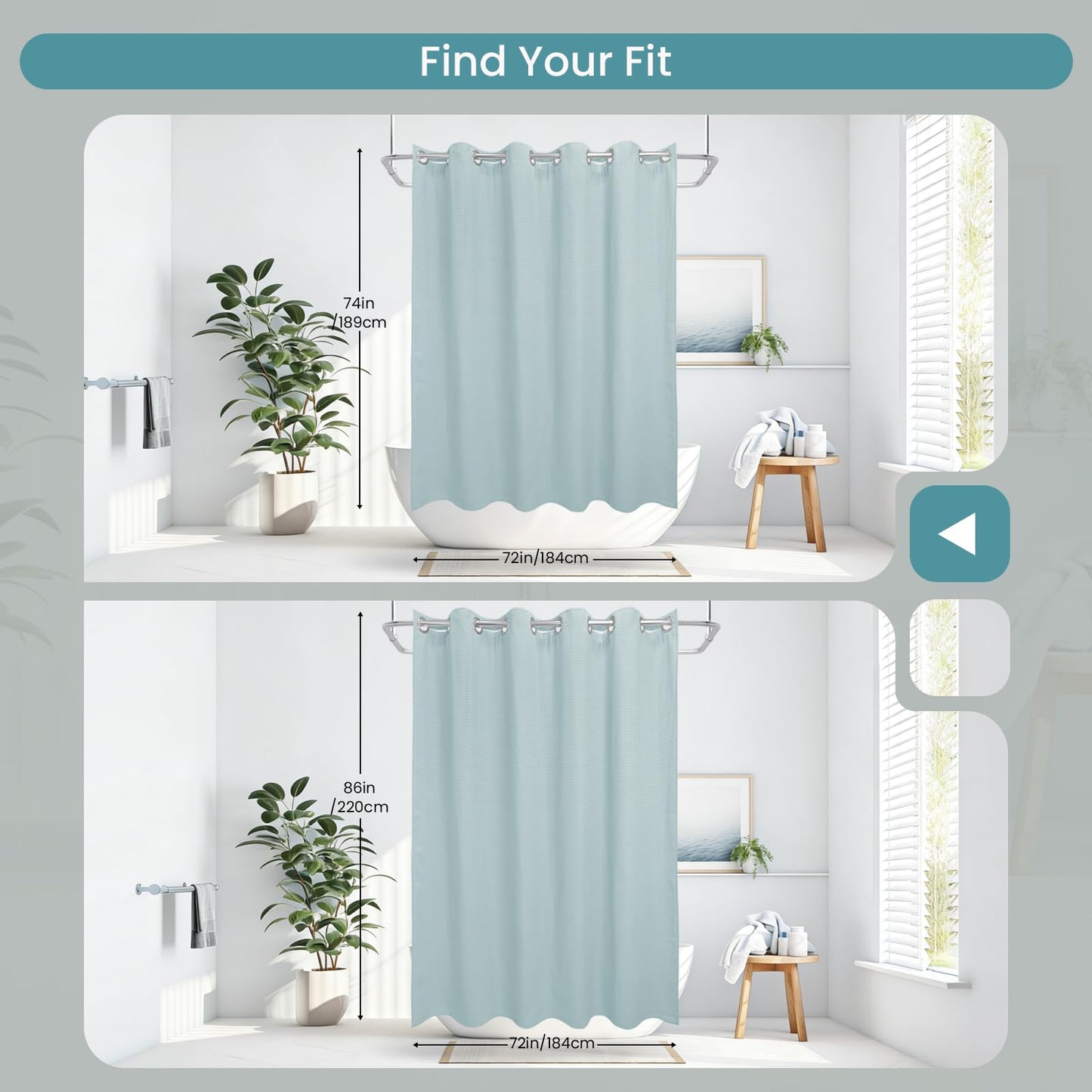 DRIFTED ROOT No Hook Shower Curtain Set with Snap-in Detachable Liner, 230 GSM Waffle Weave Fabric, Heavy Duty Water-Repellent, Pale Blue, 72 x 74 Inch