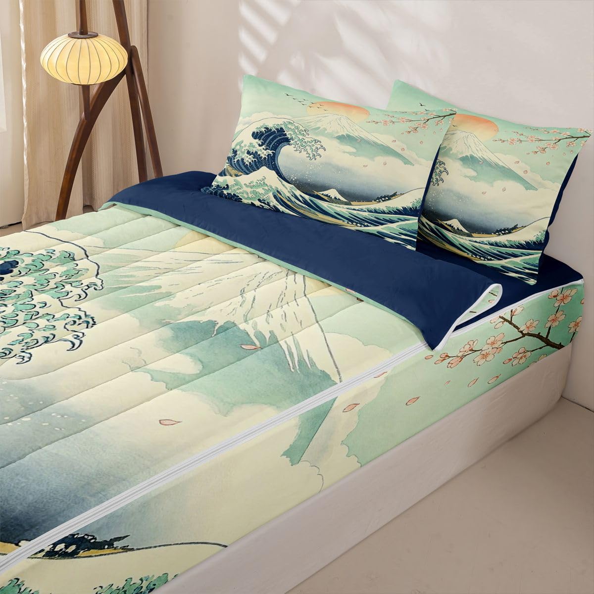 Feelyou Japanese Wave Comforter Set Full Size Zipper Bedding Set for Girls Boys Anime Comforter with Fitted Sheet, Pillowcases Japan Zipper Bedding Soft Breathable Bed in a Bag