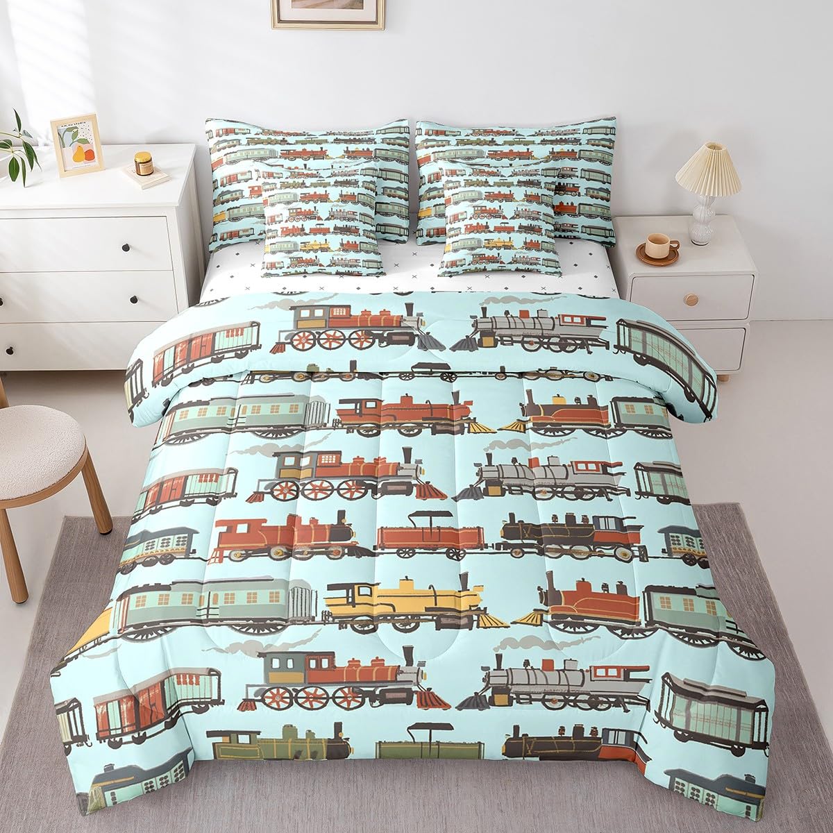 7 Pieces Twin Size Cartoon Train Comforter Set,Retro Steam Engine Train Bedding Set for Boys Girls,Railroad Track Transport Teal boho (Comforter+Fitted+Flat Sheet+2 Pillowcases+2 Throw Pillow Covers)