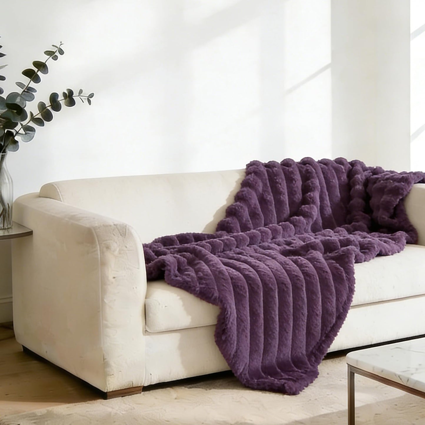 SS-Sunrise Fleece Throw Blanket for Bed 80"x90", Fluffy 3D Ribbed Jacquard Coral Purple Flannel Blanket 330gsm, Soft Plush Blanket for Home Decor