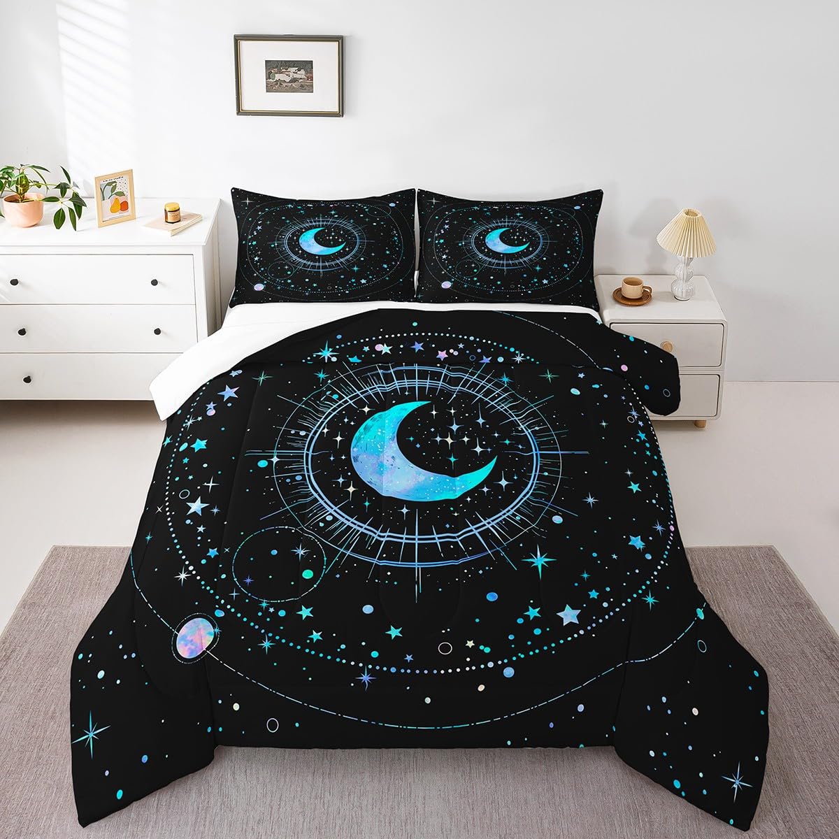 Homewish Stars and Moon Comforter Set,Blue Galaxy Bedding Set for Kids Girls Women,Adults Space Starry Sky Comforter,Constellation Quilted Duvet Set Bedroom Collection Twin Size 2Pcs