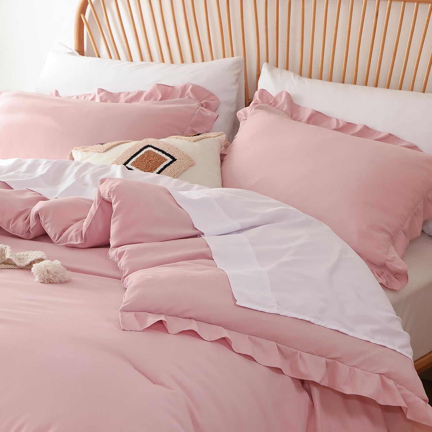 JANZAA Baby Pink Comforter Set Queen – Soft Microfiber, Lightweight All Season Bedding, Ruffle Shabby Chic Aesthetic, Breathable Cozy Bed Set with 2 Pillow Shams, Machine Washable