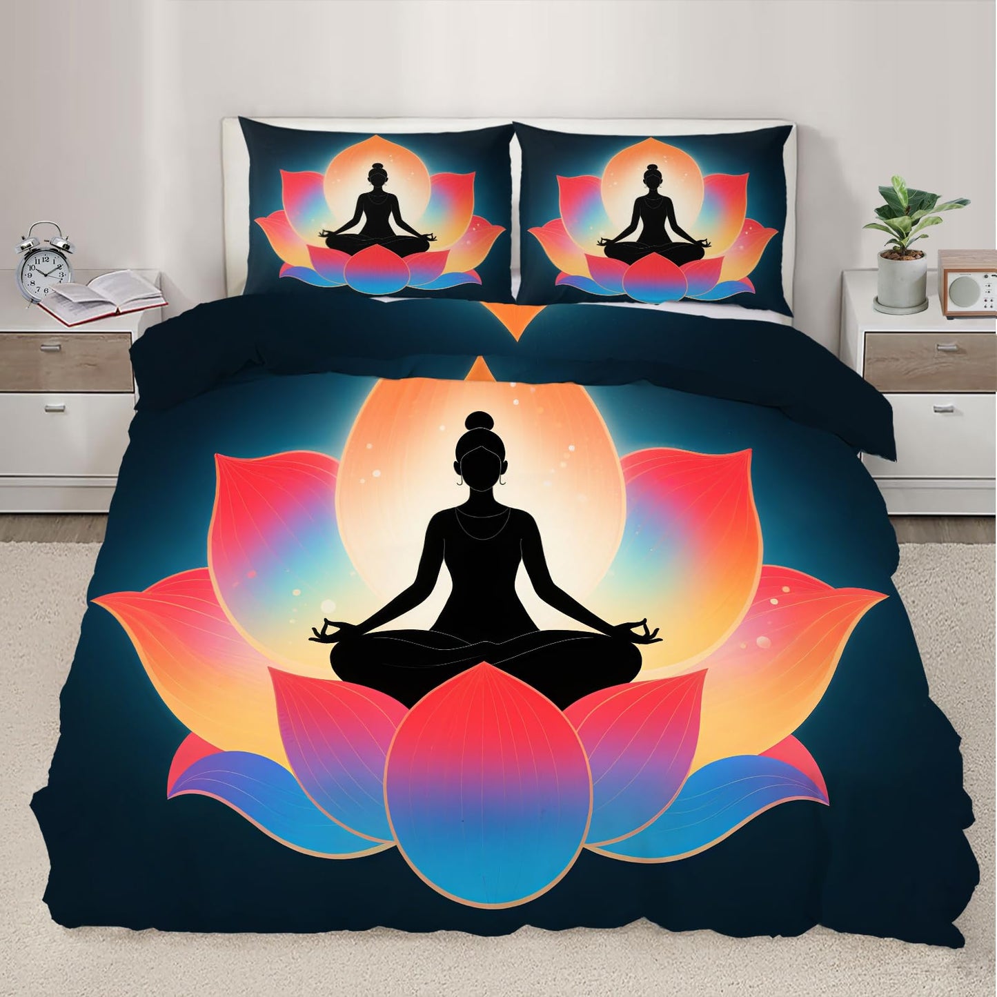 PAISUOQ Yoga Duvet Cover Queen Size, Abstract Lotus Bedding Sets, 3 Piece, Soft Microfiber Patterned Comforter Cover with Zipper Ties & 2 Pillowcase, Meditation Bedroom Decor & Gifts