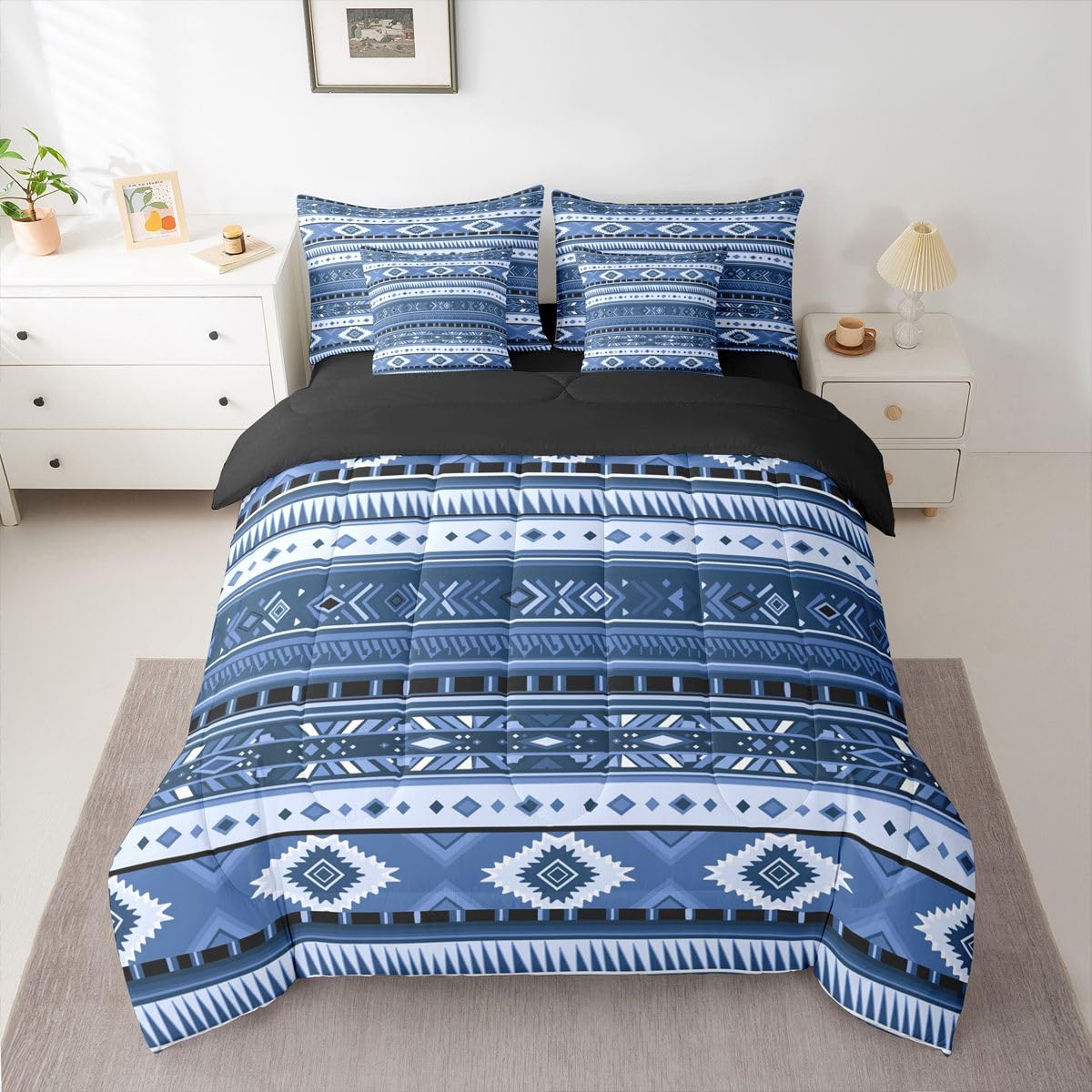 Erosebridal White Dark Blue Aztec Farmhouse Full Comforter Set 7 Pieces | Cowboy Cowgirl Bohemian Bed in A Bag for Bedroom Southwestern Adults Bedding Set with Comforters Geometric Tribal Room Decor