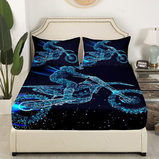 Castle Fairy Dirt Bike Fitted Sheet Queen Size Motocross Rider Bedding Set Blue Watercolor Sheet Set,Extreme Sports Bed Cover Ultra Soft Breathable Bedspread 3 Pcs for Kids Teens Boys
