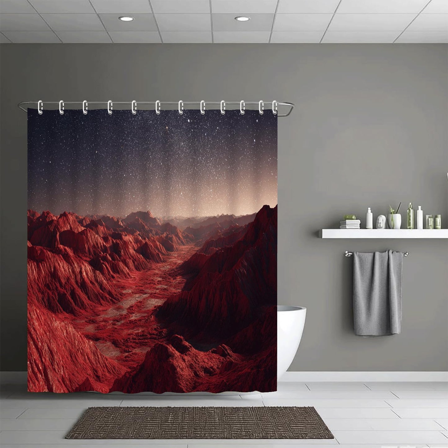 ZROLUW Mountain Landscape Shower Curtain 72" W x 72" L Starry Sky Bathroom Decor Curtain with Hooks