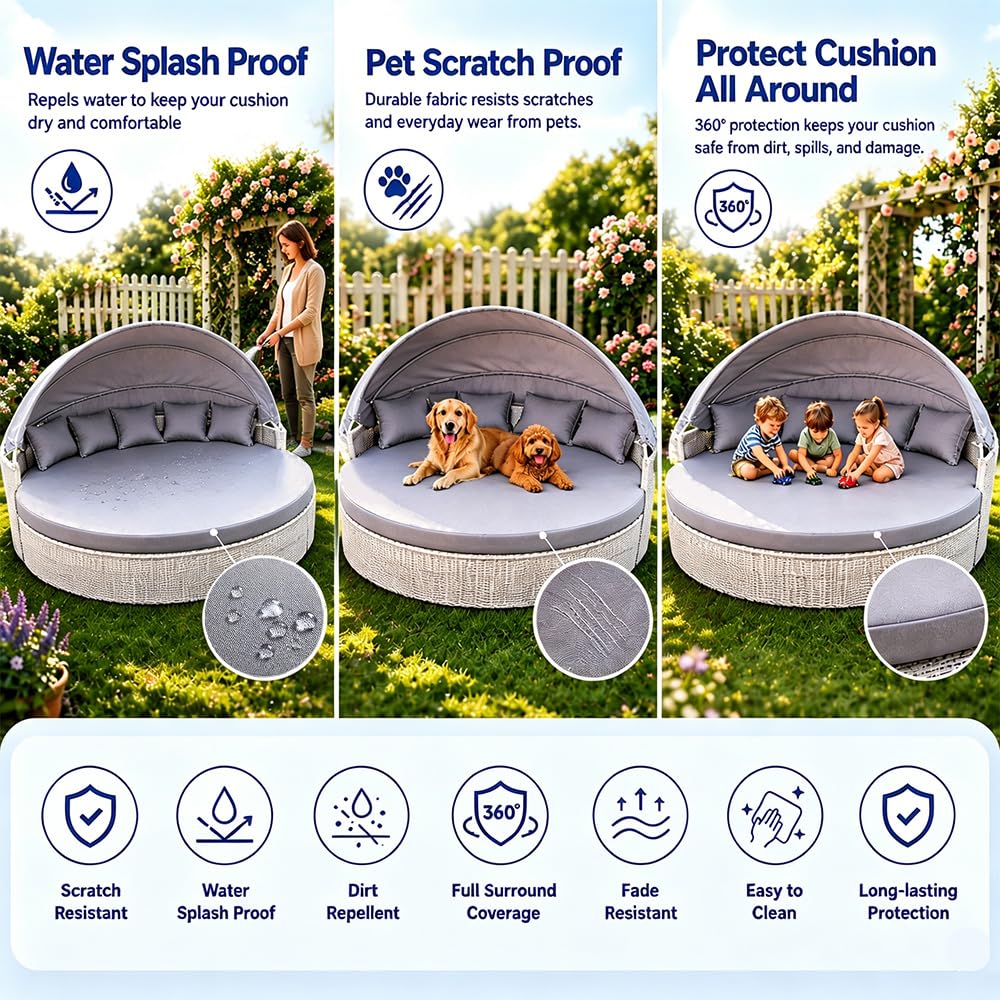 Patikvale Outdoor Daybed Cushion Cover, with 3 Pillow Cases, 66‘’ Daybed Cushion Cover Water-Resistant Fitted Patio Daybed Mattress Replacement Cover for Outdoor Daybed Cushion, Round Bed Cushion