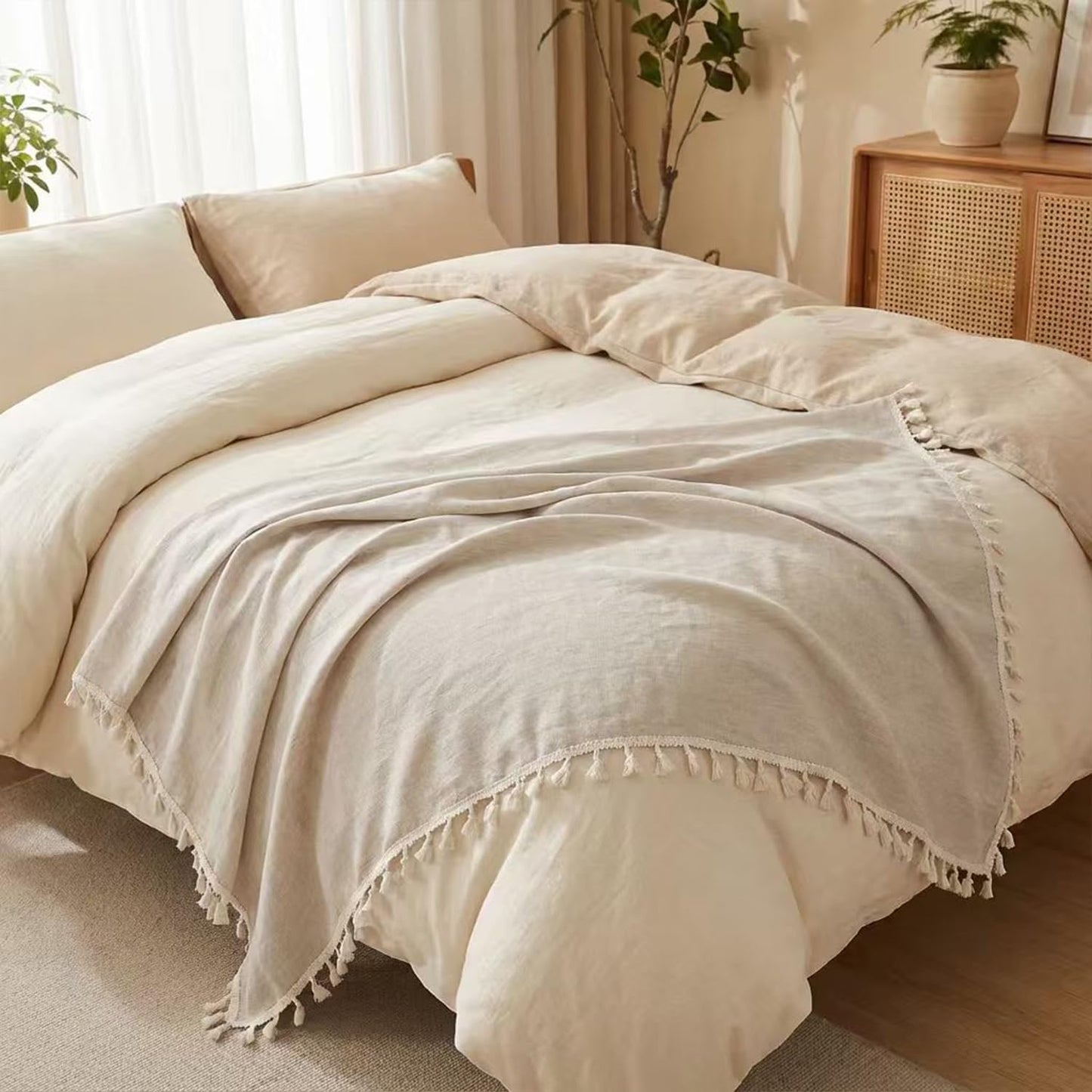 Yamalinn 100% Linen Throw Blanket 50x60 Inch, Lightweight Boho Decorative Blanket for Couch Bed Sofa, French Country Style with All Edge Tassels, Farmhouse Living Room Decor