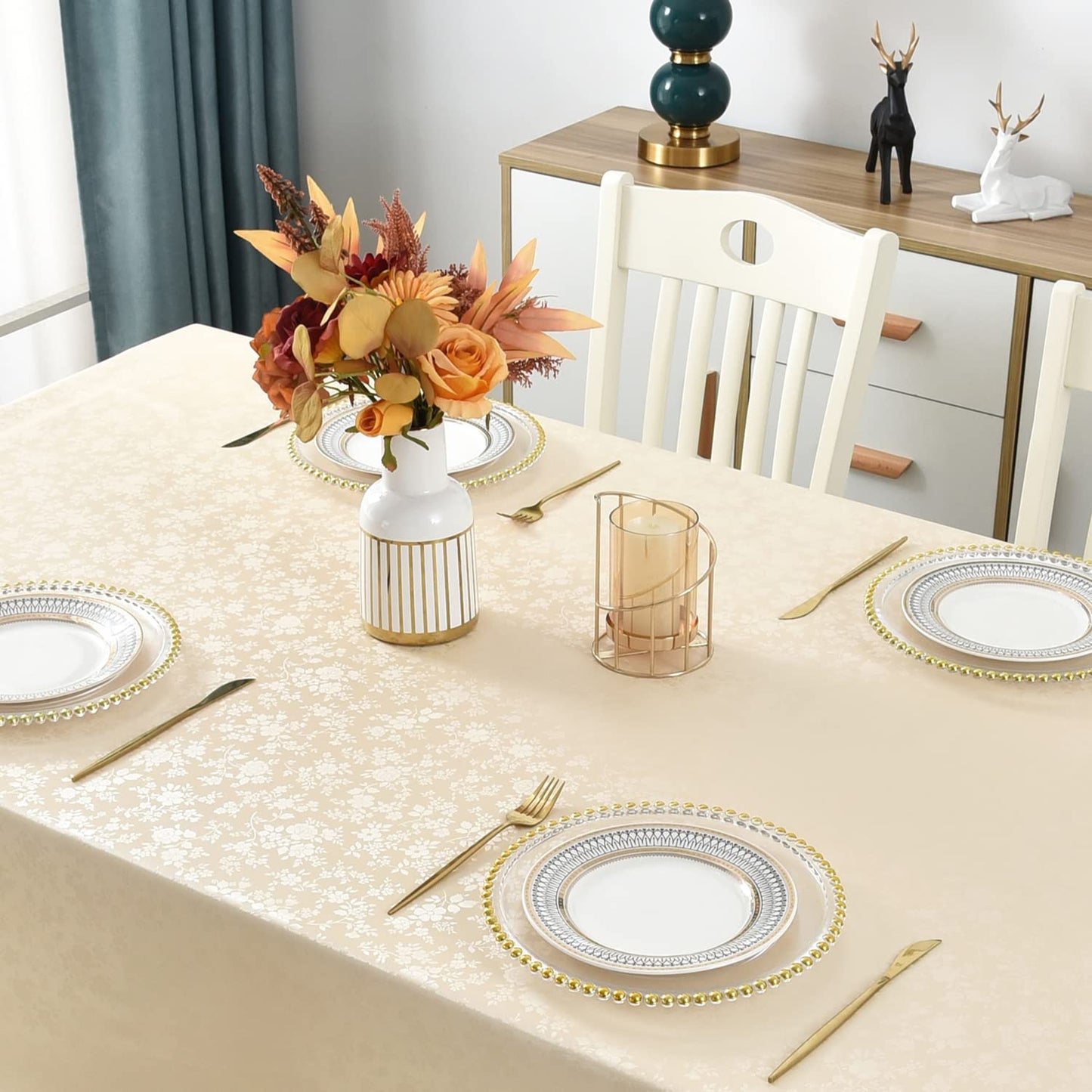 Romanstile Rectangle Vinyl Tablecloth,100% Waterproof Heavy Duty Oil Spill Proof Stain Resistant Plastic PU Table Cover with Flannel Backing for Kitchen, Dining (Rose Beige, 60 x 84)