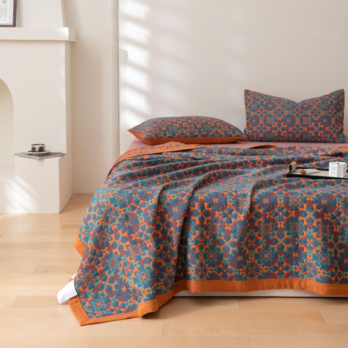 Purefair 100% Cotton Muslin Blanket Jacquard Bohomian Mandala Floral Print Quilt, Soft Bed Cover Reversible Bedspread Coverlet Breathable Lightweight Bedding Full/Queen(78"x94"), No Pillow Sham