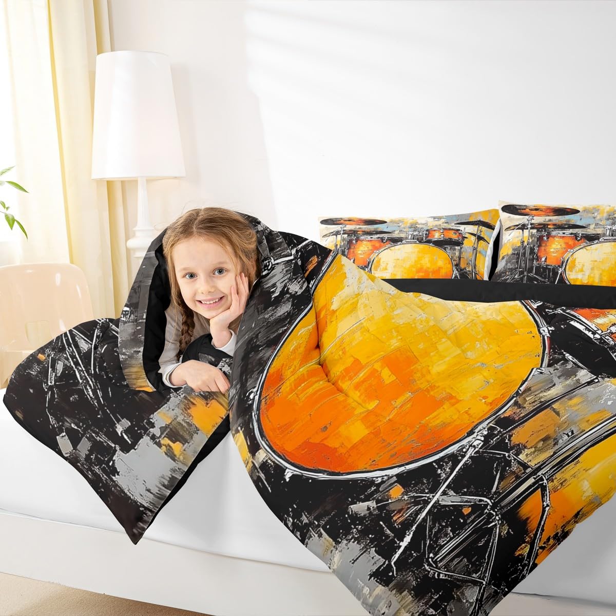 Erosebridal Drum Kit Comforter Set Queen Rock Music Instruments Bedding Set Watercolor Drum Kit Comforter for Kids Boys Girls,Drum Lovers Quilt Duvet