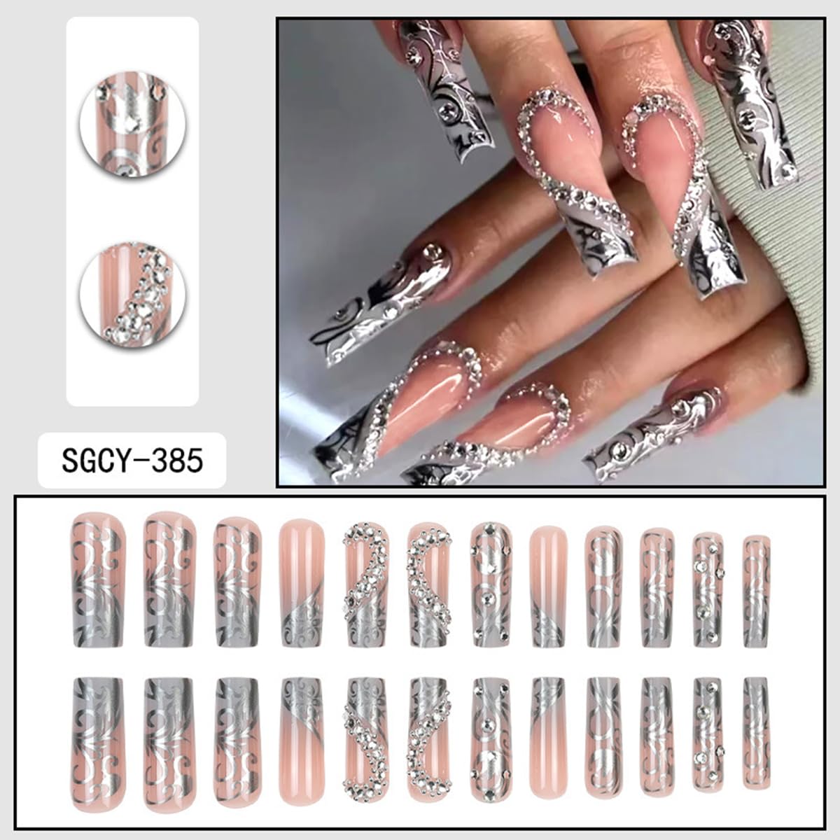 24Pcs Long Press on Nails Luxury Rhinestone Fake Nails French Glue On Nail with Sparkly Rhinestones Gem Silver Lines Designs Shiny Acrylic False Nails for Women Manicure Decoration