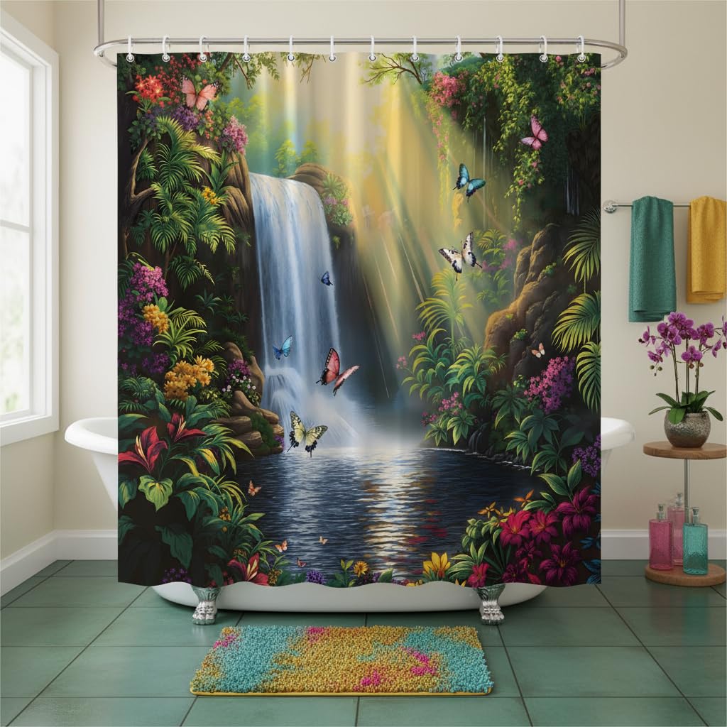 EUBTPA Tropical Waterfall Shower Curtain with Butterflies and Colorful Jungle Flowers, Nature Scenery Bathroom Decor Polyester Fabric Curtains 70X70 Inch