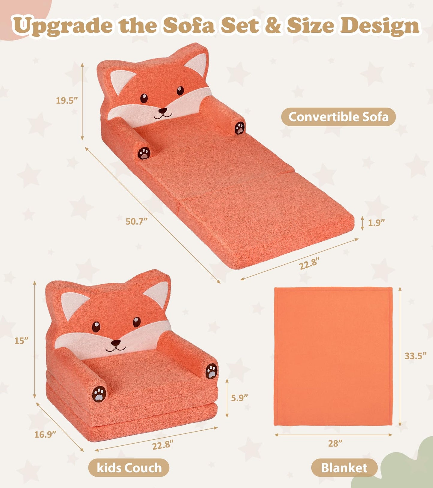 Foryoomi Kids Couch, 2-in-1 Soft Toddler Couch Fold Out with Blanket, Chair Comfy, Foldable Convertible Plush Sofa, Gifts for Kids Girl Boys, Fox