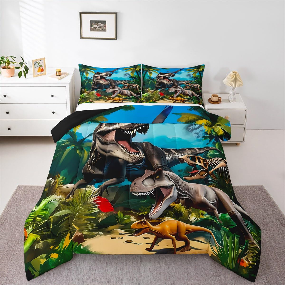 Feelyou Dinosaur Comforter Set Twin Size Dino Bedding Set for Boys Girls Children Jungle Dino Duvet Quilt Room Decor Wild Animal Breathable Soft Microfiber All Season 2Pcs