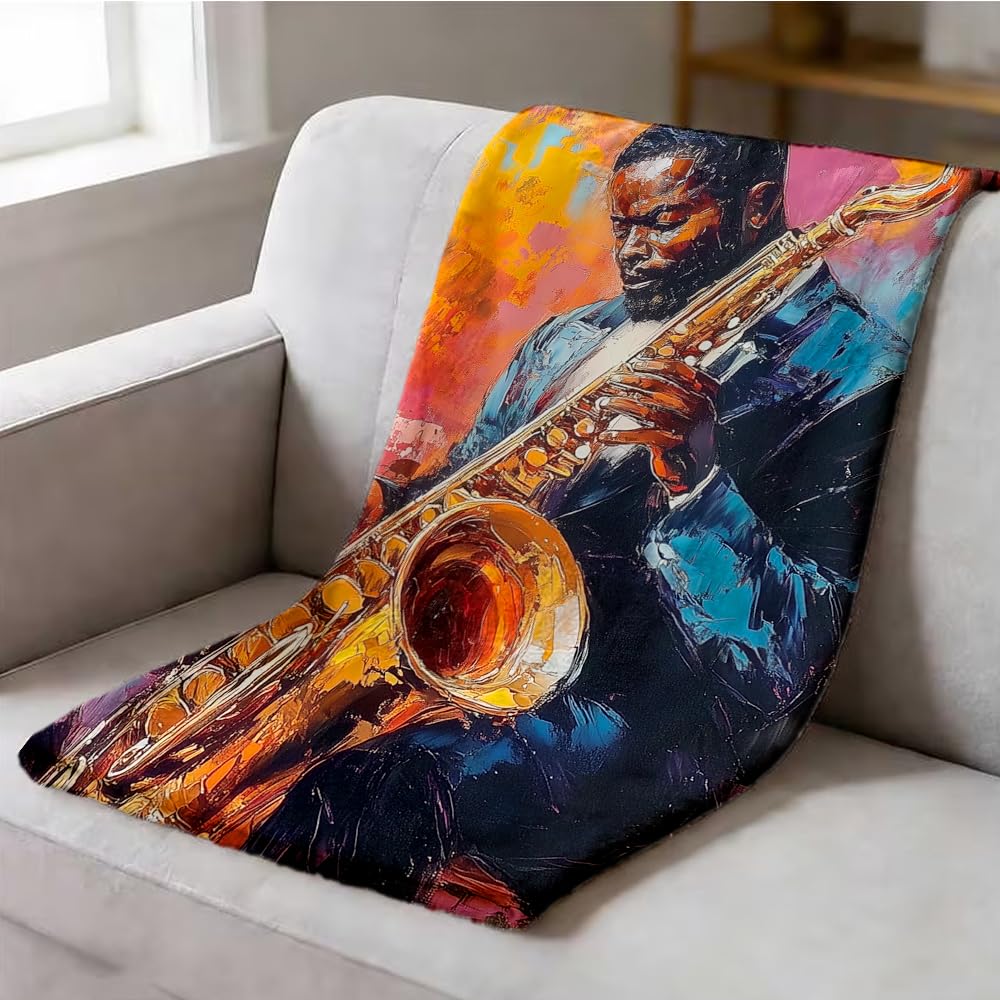ZHOUSHUTONG African American Music Throw Blanket Black Music Print Super Soft Warm Cozy Flannel Blanket for Couch Bedroom Office Home Decor Gift for Music Lovers 49"x59"