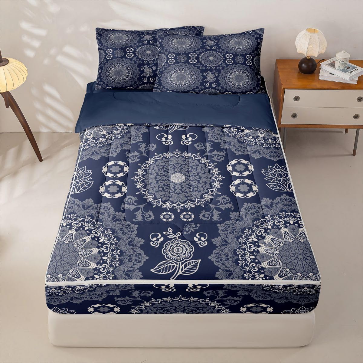 Feelyou Boho Mandala Comforter Set Bohemian Style Zipper Bedding Twin Hippie Mandala Boys Girls Comforter Set with Fitted Sheet and Pillowcases Bed Sheet Sets with Fitted Bed Decor
