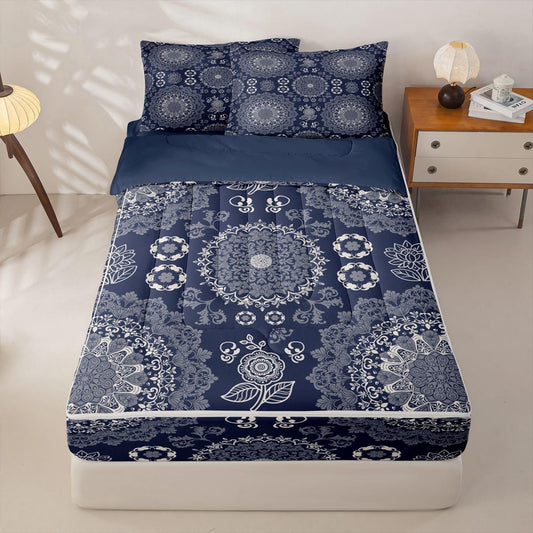 Feelyou Boho Mandala Comforter Set Bohemian Style Zipper Bedding Twin Hippie Mandala Boys Girls Comforter Set with Fitted Sheet and Pillowcases Bed Sheet Sets with Fitted Bed Decor