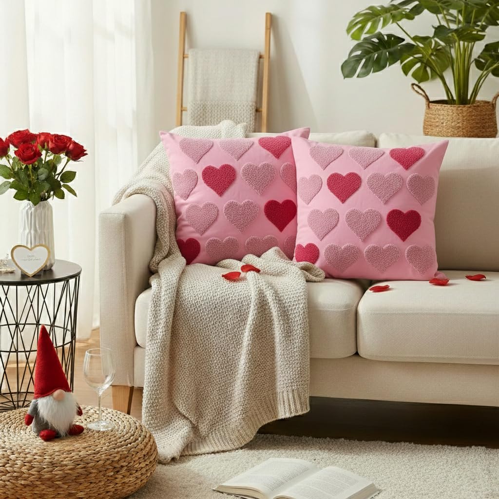 Fjfz Valentines Day Throw Pillow Covers 18 x 18 Inch Set of 2, Valentines Day Decorations Soft Plush Faux Fur Pink Love Hearts Home Decor, Bedroom Living Room Sofa Wedding Couch Cushion Case