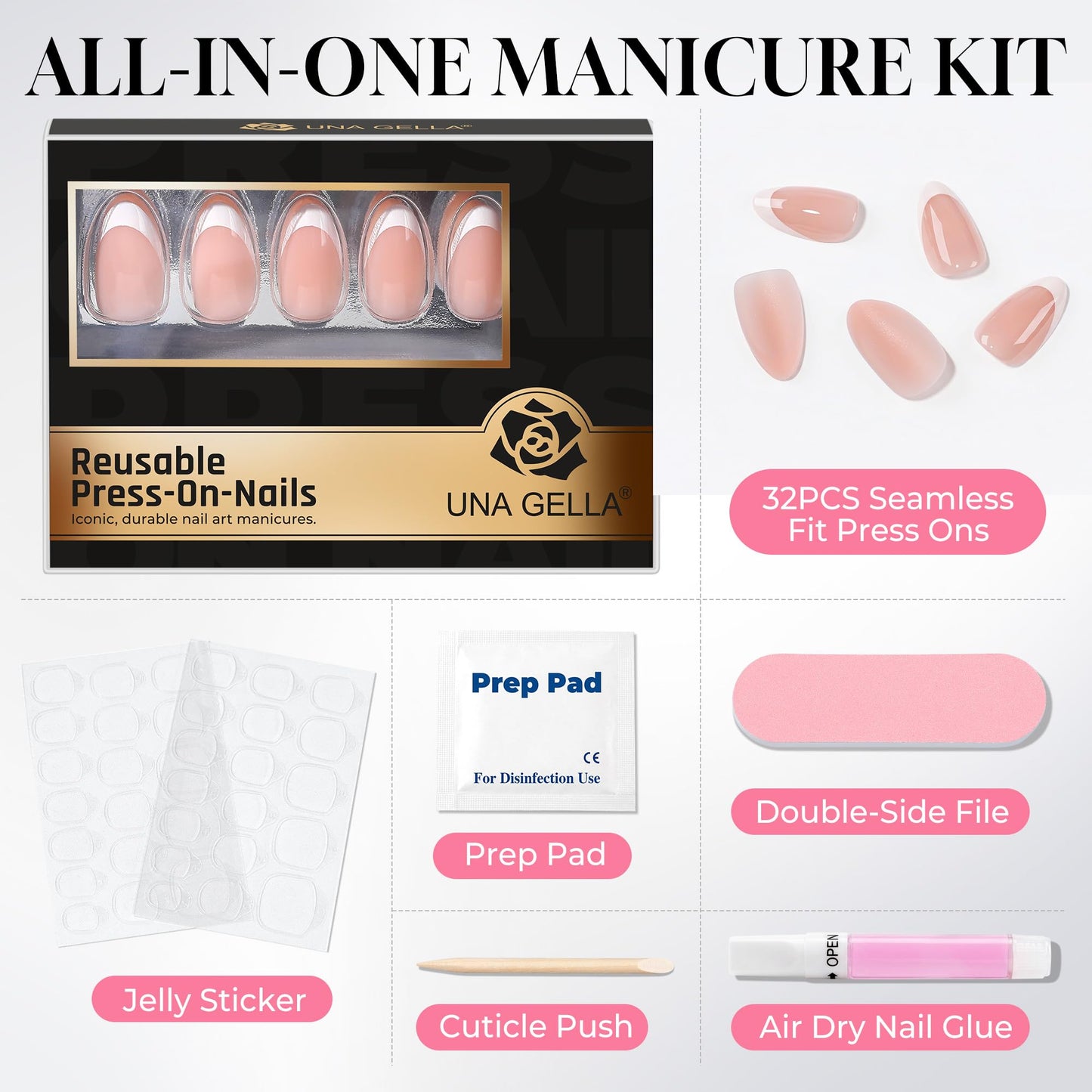 UNA GELLA Short Square Press On Nails - 32Pcs 16 Sizes Baby Boomer French Ombre Fake Nails with Glue and Adhesive Tabs, High Gloss Reusable Glue On Nails Kit for Women Manicure