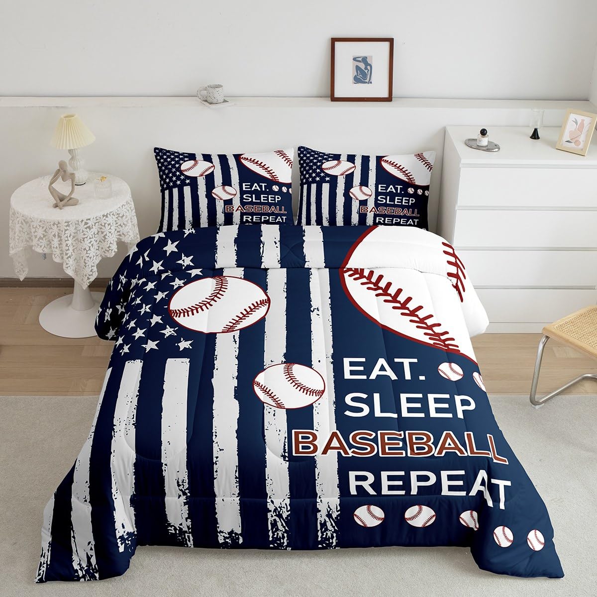 Feelyou Baseball Kids Boys Girls Bedding Set Queen Size Baseball Gaming Comforter Set Ultra Soft Gift for Baseball Lover Comforter Flag Print Duvet Quilt Bedroom Decor Softball Quilt