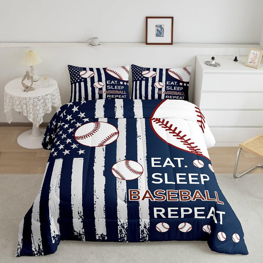 Feelyou Baseball Kids Boys Girls Bedding Set Queen Size Baseball Gaming Comforter Set Ultra Soft Gift for Baseball Lover Comforter Flag Print Duvet Quilt Bedroom Decor Softball Quilt