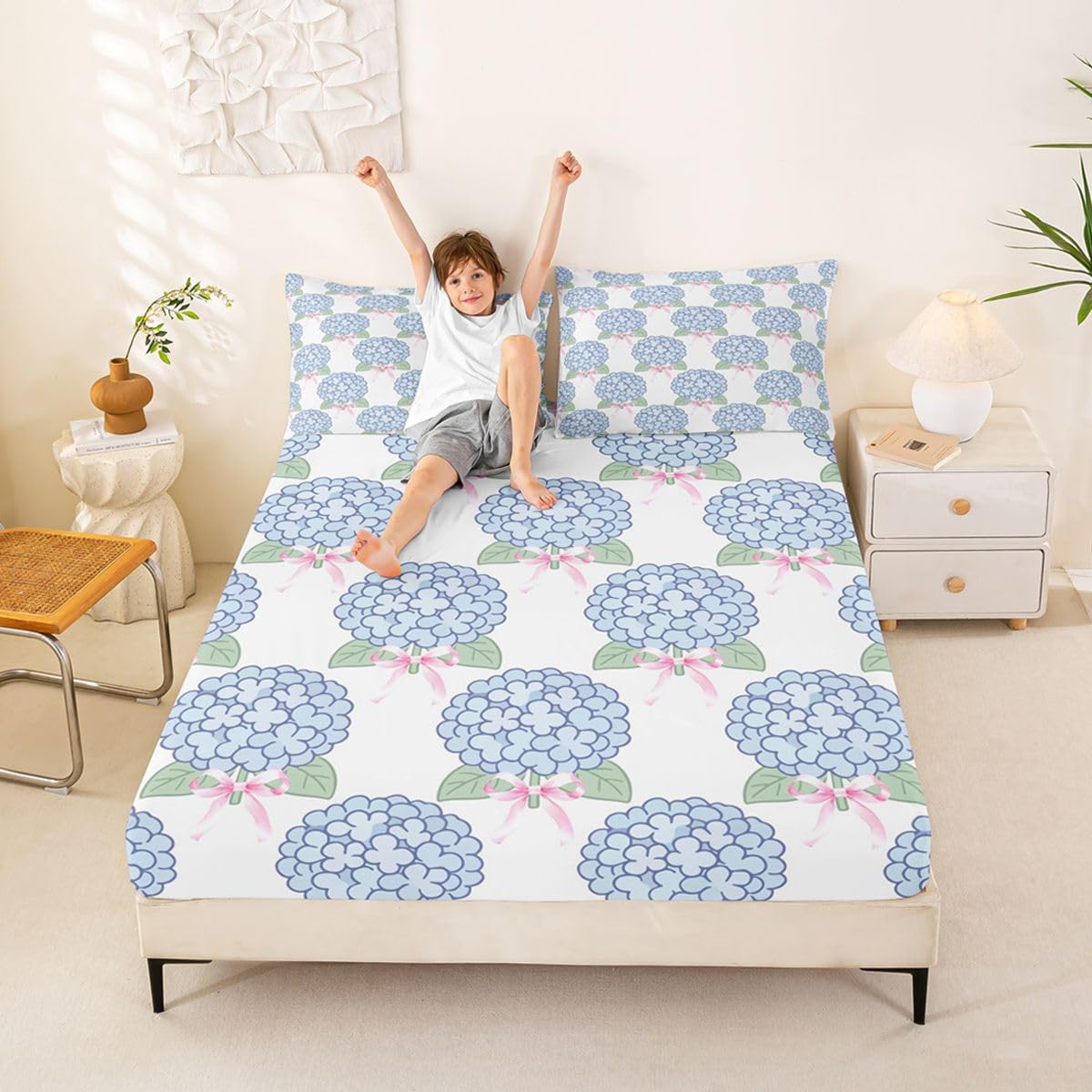 Blue Hydrangea Fitted Sheets Full Size (No Flat),Pink Bows Bedding Set 3Pcs,Kids Teens Woman Room Decor,Hydrangea Floral Bed Sheet Princess Sweet Style Deep Pocket Sheet,2 Pillowcases
