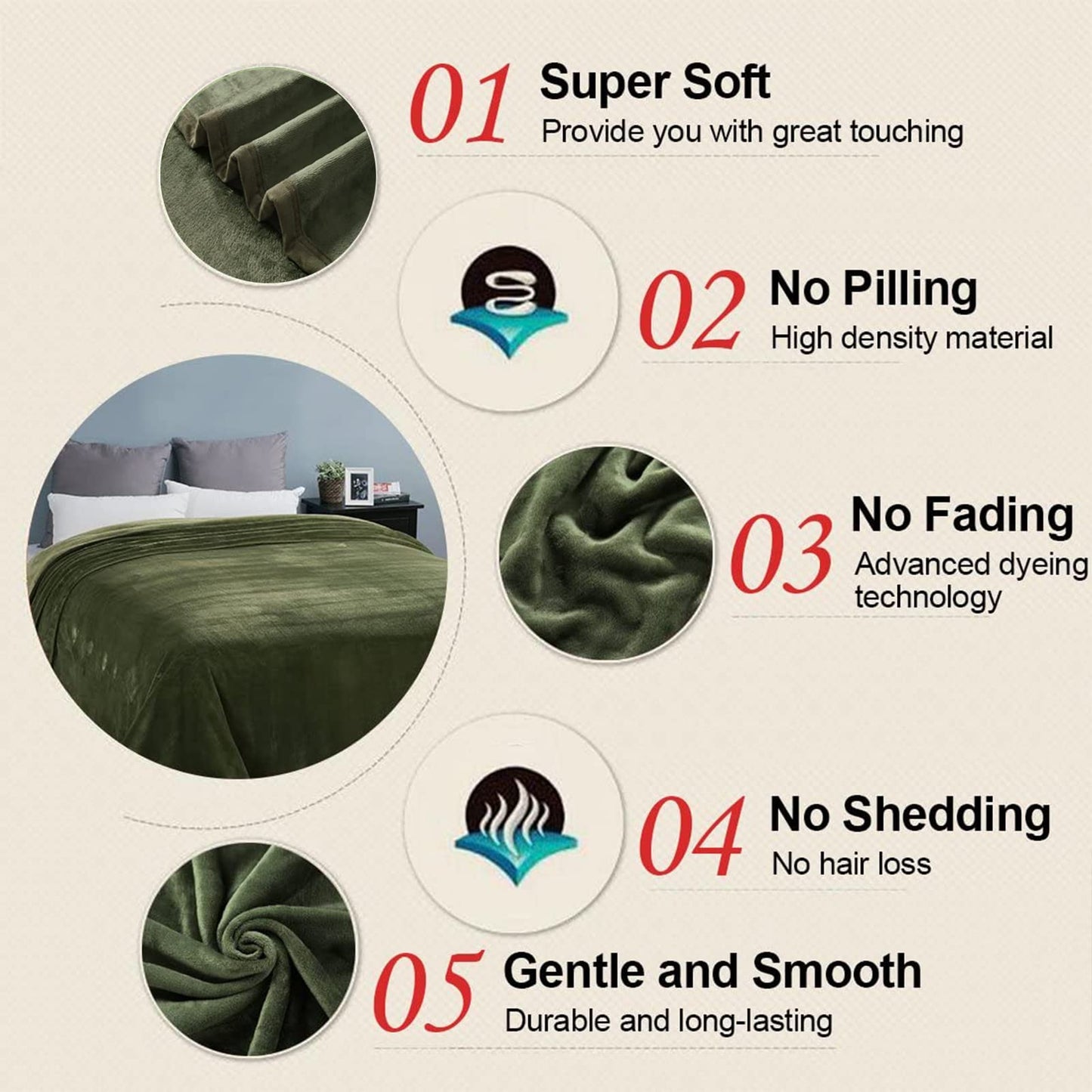 Soft Twin Size Blanket All Season Warm Fuzzy Microplush Lightweight Thermal Fleece Blankets for Couch Bed Sofa,66x90 Inches,Olive Green