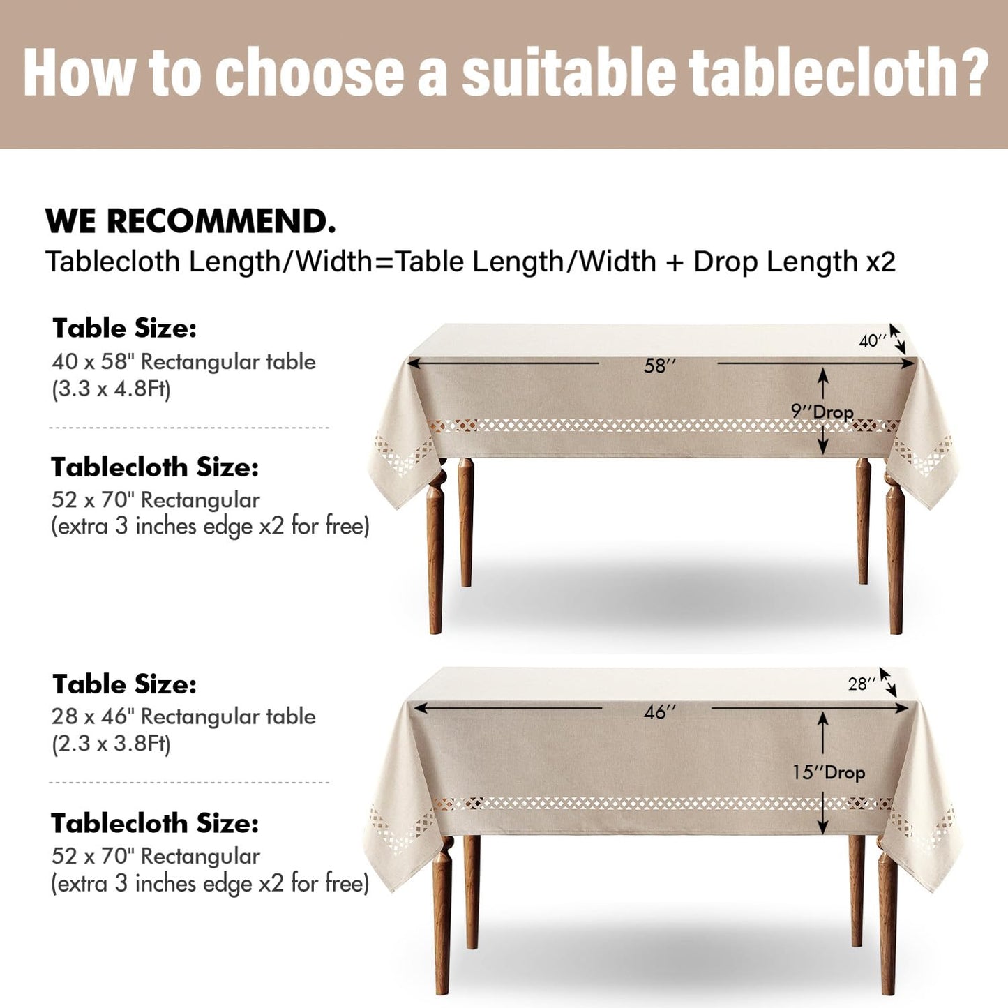 MIULEE Beige Rectangle Linen Polyester Tablecloth with Decorative Cutouts Spring Waterproof Stain Resistant & Shrink-Proof Table Cloth 52x70 inch Farmhouse Style for Dining Wedding and Outdoor