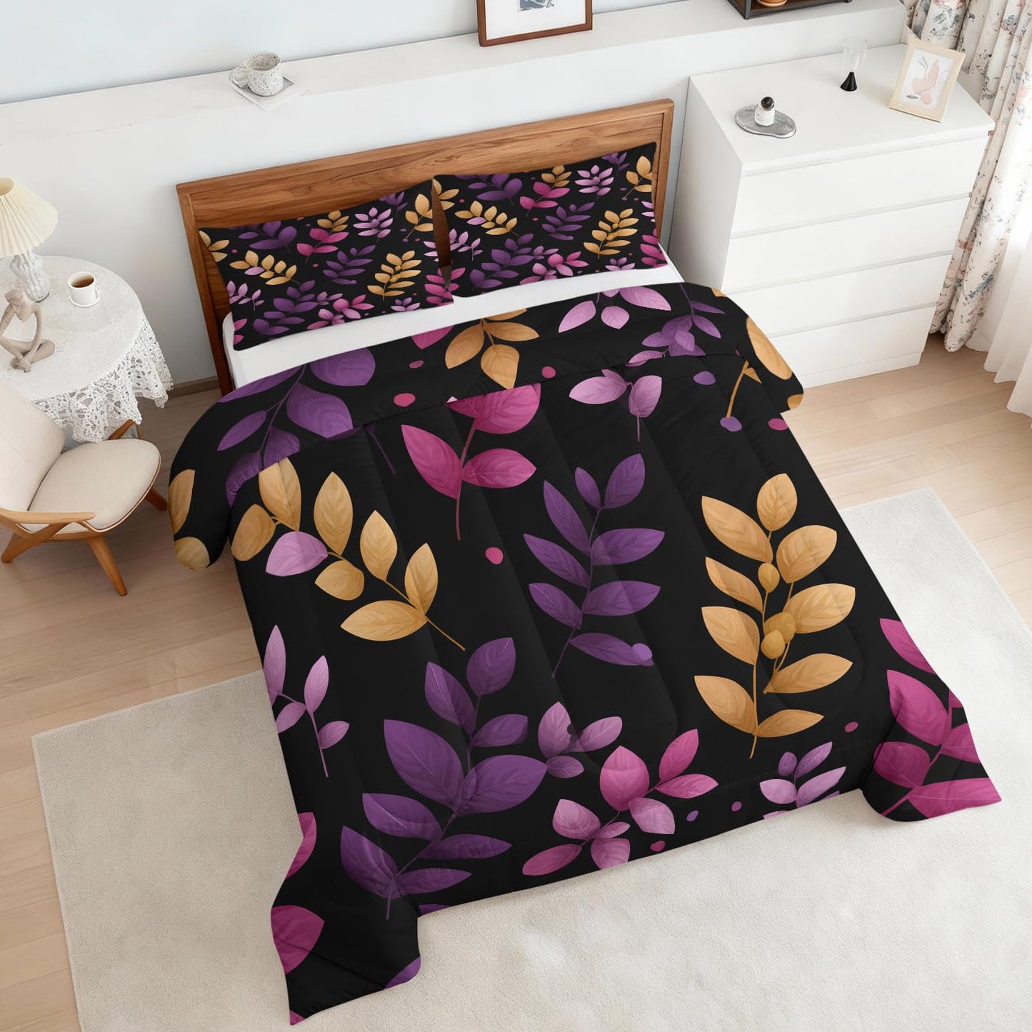 Flumoxa Branch Comforter Set King, Purple Yellow Leaf Comforter Down Alternative All Season Bedding, Branch Bed Sets King Size with Pillowcase, Bedroom Decor