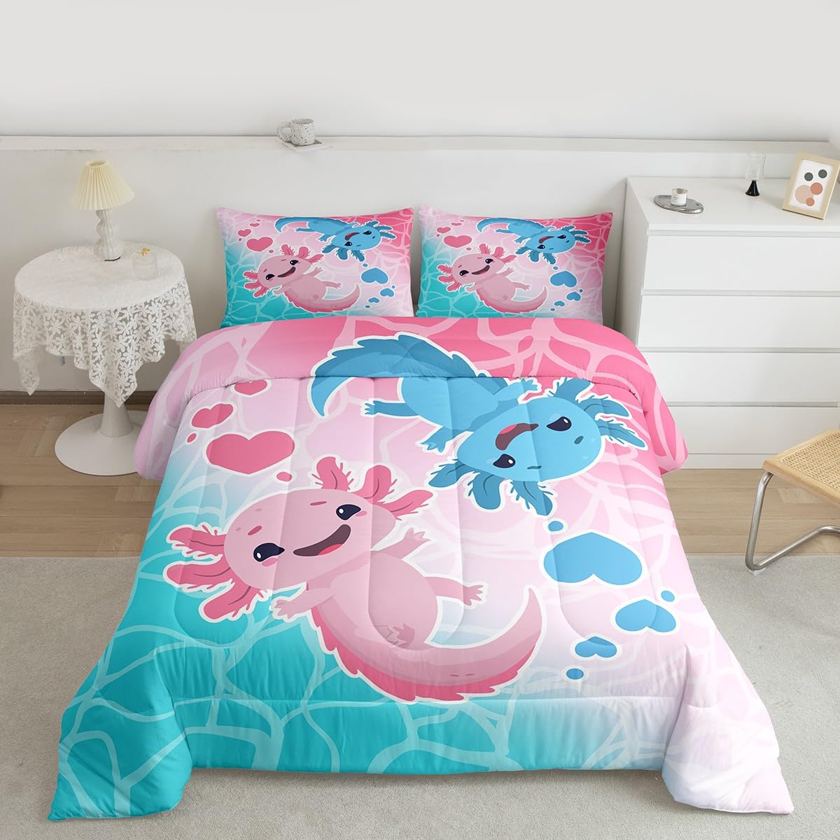 Axolotls Comforter Set Twin Size,Blue Pink Kids Bedding Set 2Pcs with 1 Pillowcase,Ocean Animals Theme Down Comforter Cartoon Lovely Salamander Quilted Duvet Insert for Girls Boys Bedroom Decor