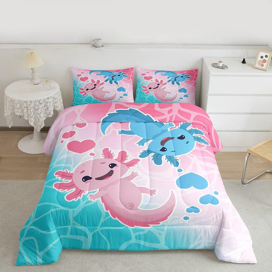 Axolotls Comforter Set Twin Size,Blue Pink Kids Bedding Set 2Pcs with 1 Pillowcase,Ocean Animals Theme Down Comforter Cartoon Lovely Salamander Quilted Duvet Insert for Girls Boys Bedroom Decor