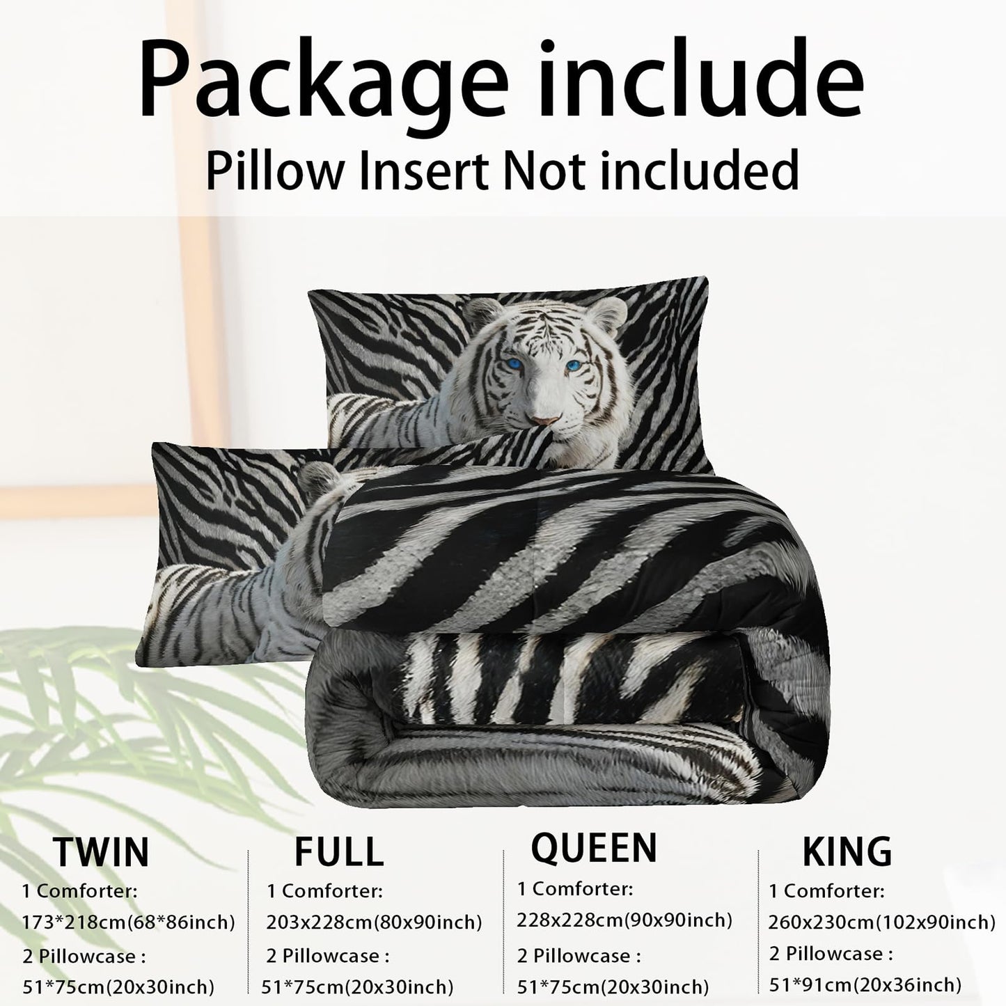 lneffble 3Pcs White Tiger Comforter Set Twin Size for Teen Boys Girls Room Decor,3D Animals Print Comforter Set,Wild Animals Theme Black White Stripe Tiger Bedding Set