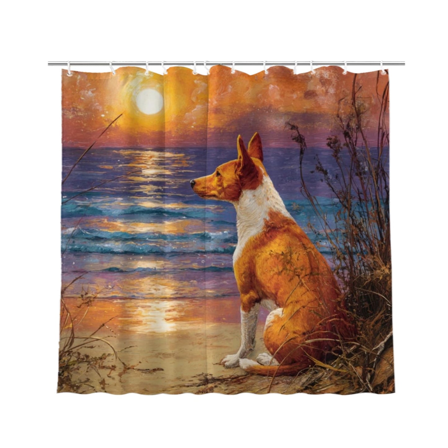 Wordatu Basenji Shower Curtain on Sunset Sunrise Beach Seascape Art Shower Curtain Set, Nautical Ocean Bath Accessories Coastal Seaside Bathroom Decor 72x72 Inches